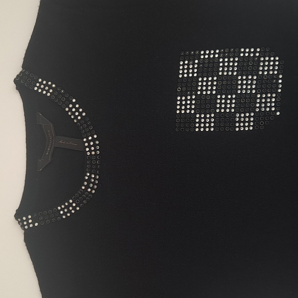 BCBG MaxAzria XS Lucine Black Studded Short Sleeve Top Merino Wool - Picture 2 of 9